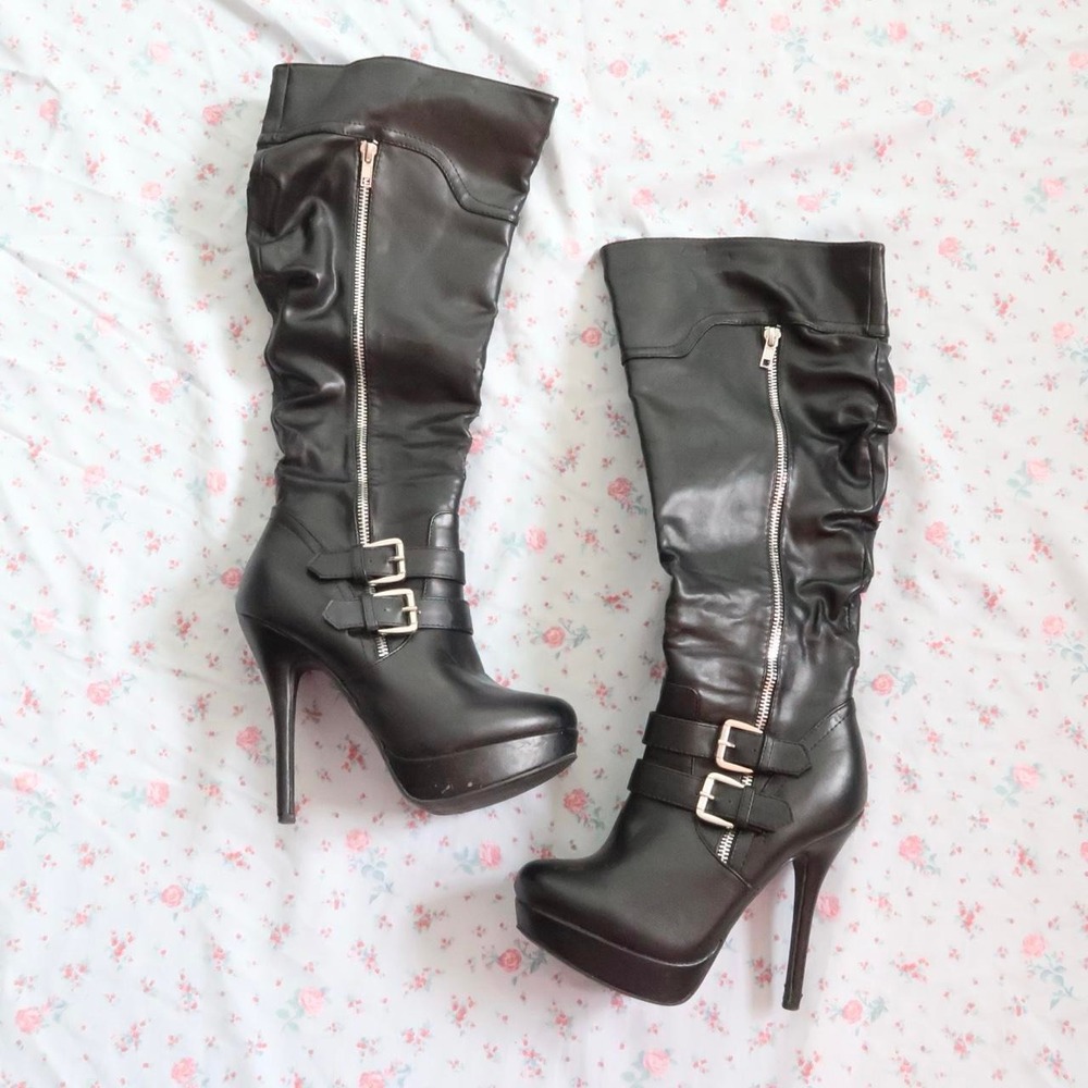 Y2k black platform buckle thigh high boots
